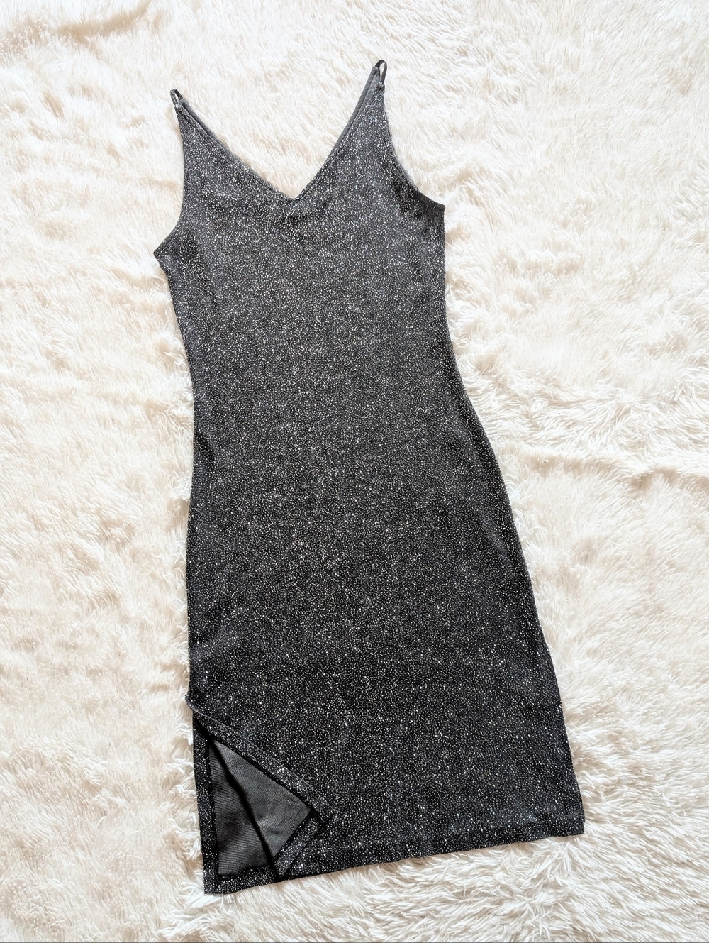 90s Vintage Alyn Paige Silver Sparkly Side Slit Midi Cocktail Dress 13/14